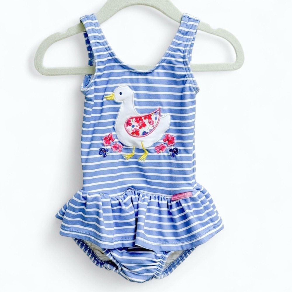 JoJo Maman Bebe Blue & White Striped Duck One-piece Swimsuit Baby Girls 6-12 Mos